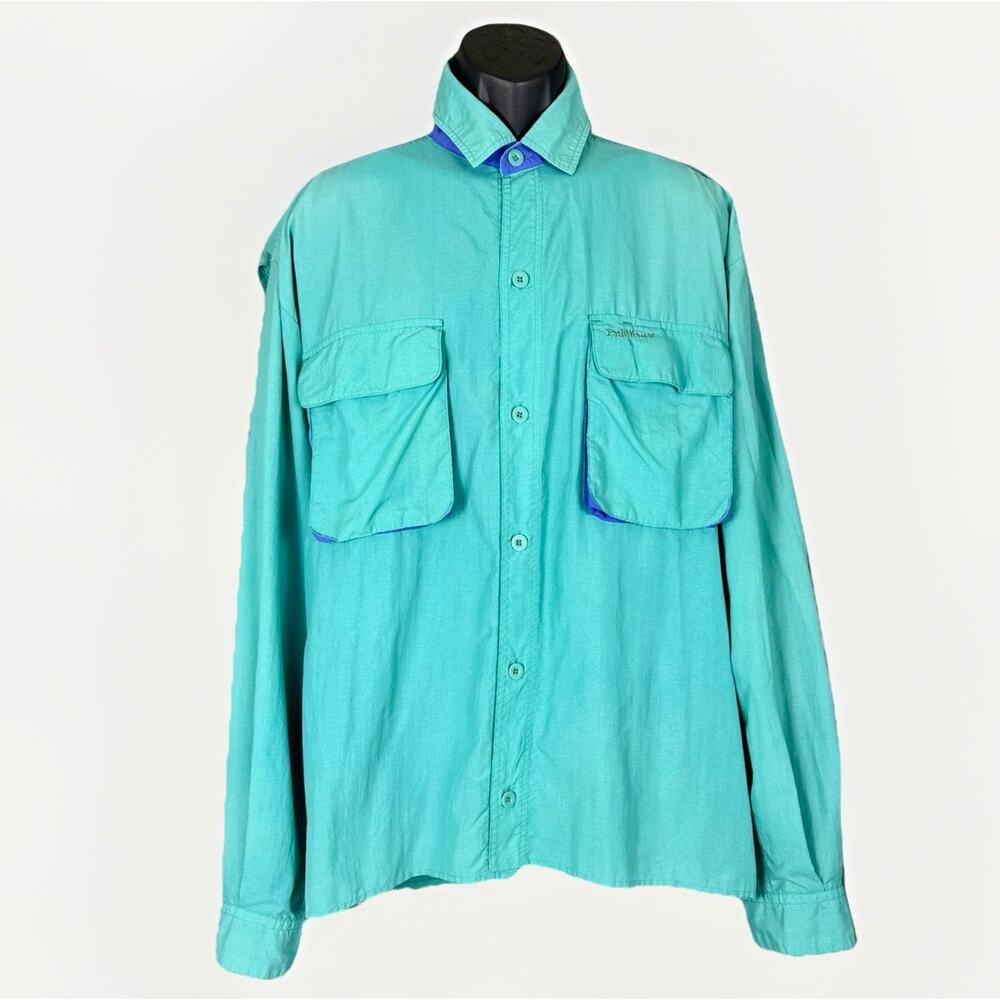 VTG Early Winters Button Shirt Mens LG Nylon Vented Fish Hike Teal Green Purple